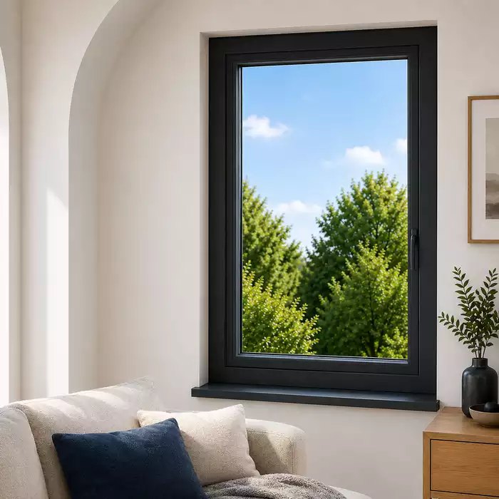 Fenêtre PVC noire donnant sur un jardin, dans un salon lumineux