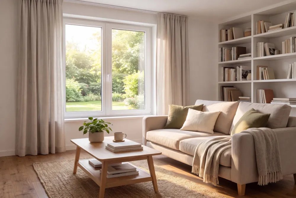 Fenêtre PVC blanche à deux vantaux dans un salon lumineux